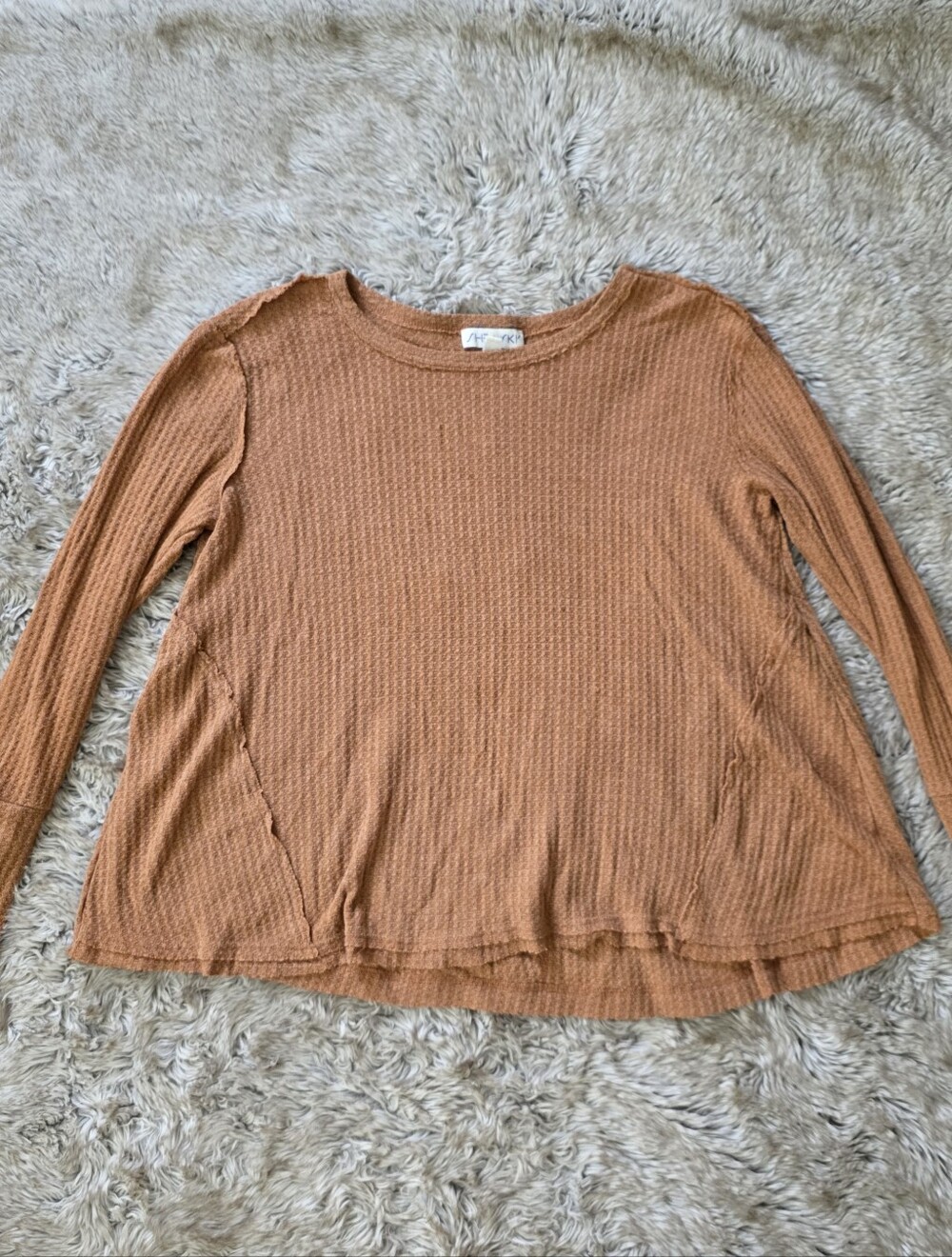 She + Sky Long Sleeve Crewneck Waffle Knit Blouse Rust Orange Women's Size Small